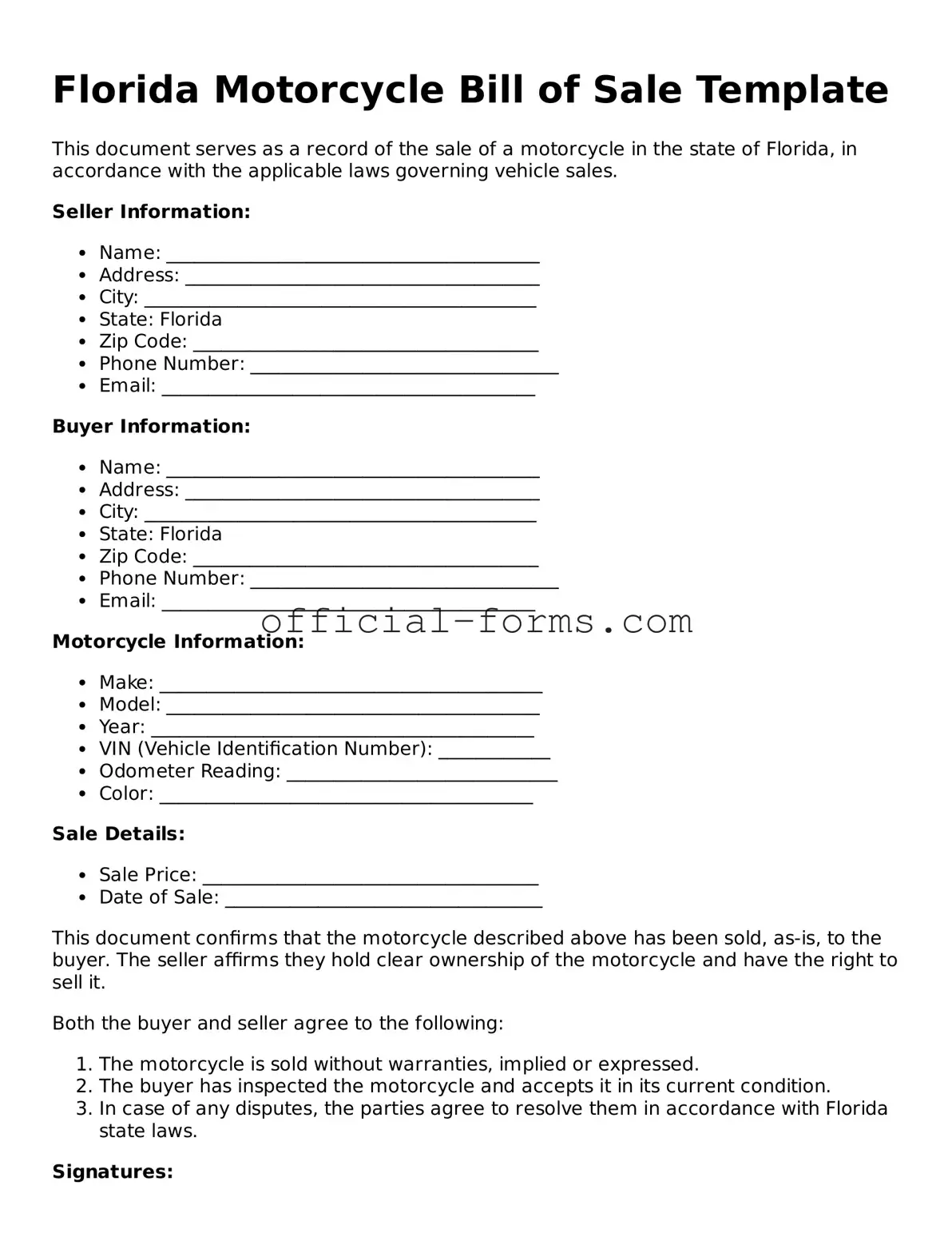 Official Florida Motorcycle Bill of Sale Document