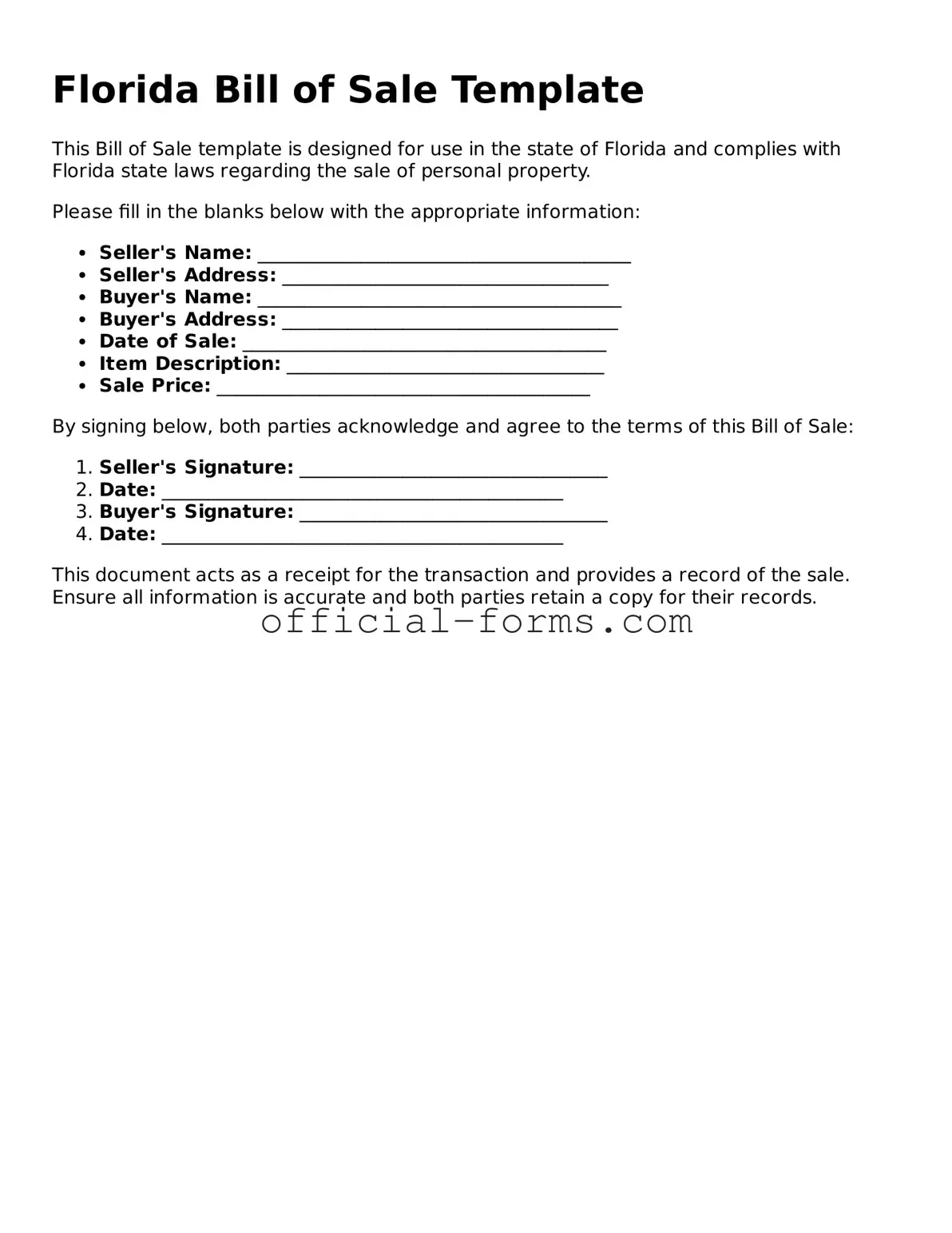 Official Florida Bill of Sale Document