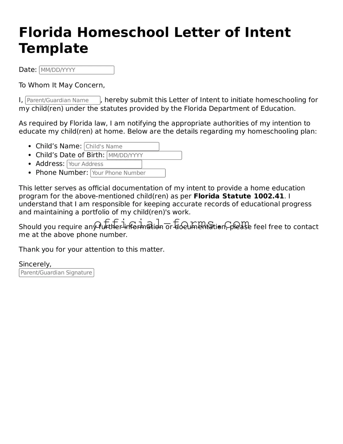 Official Florida Homeschool Letter of Intent Document
