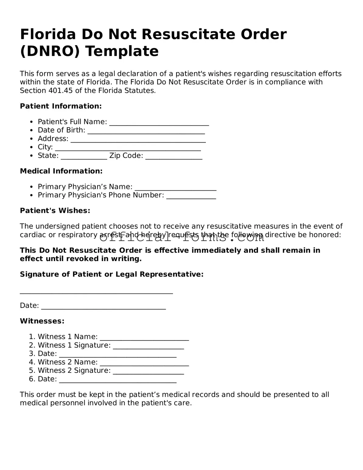 Official Florida Do Not Resuscitate Order Document