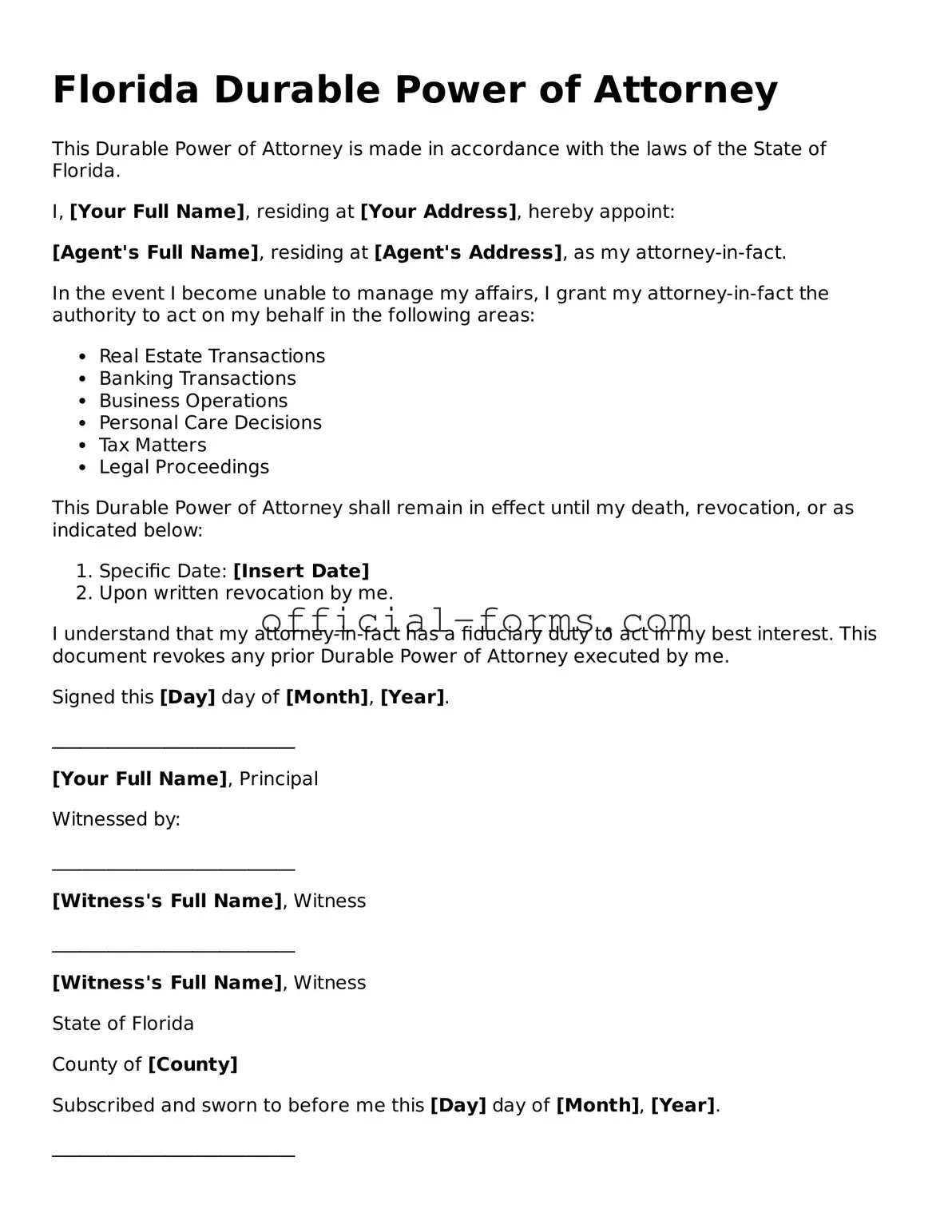 Official Florida Durable Power of Attorney Document