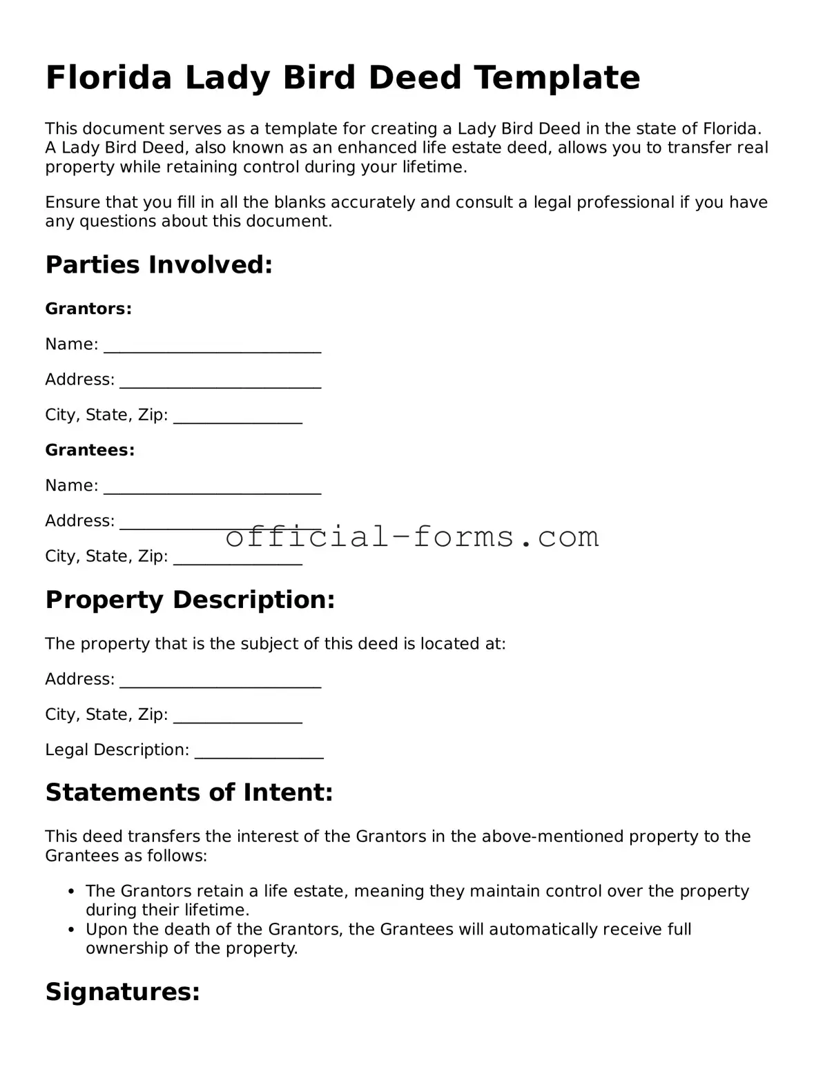 Official Florida Lady Bird Deed Document