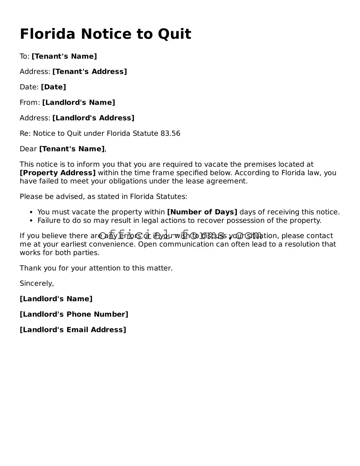 Official Florida Notice to Quit Document