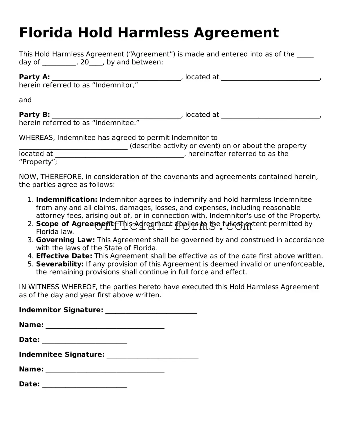 Official Florida Hold Harmless Agreement Document