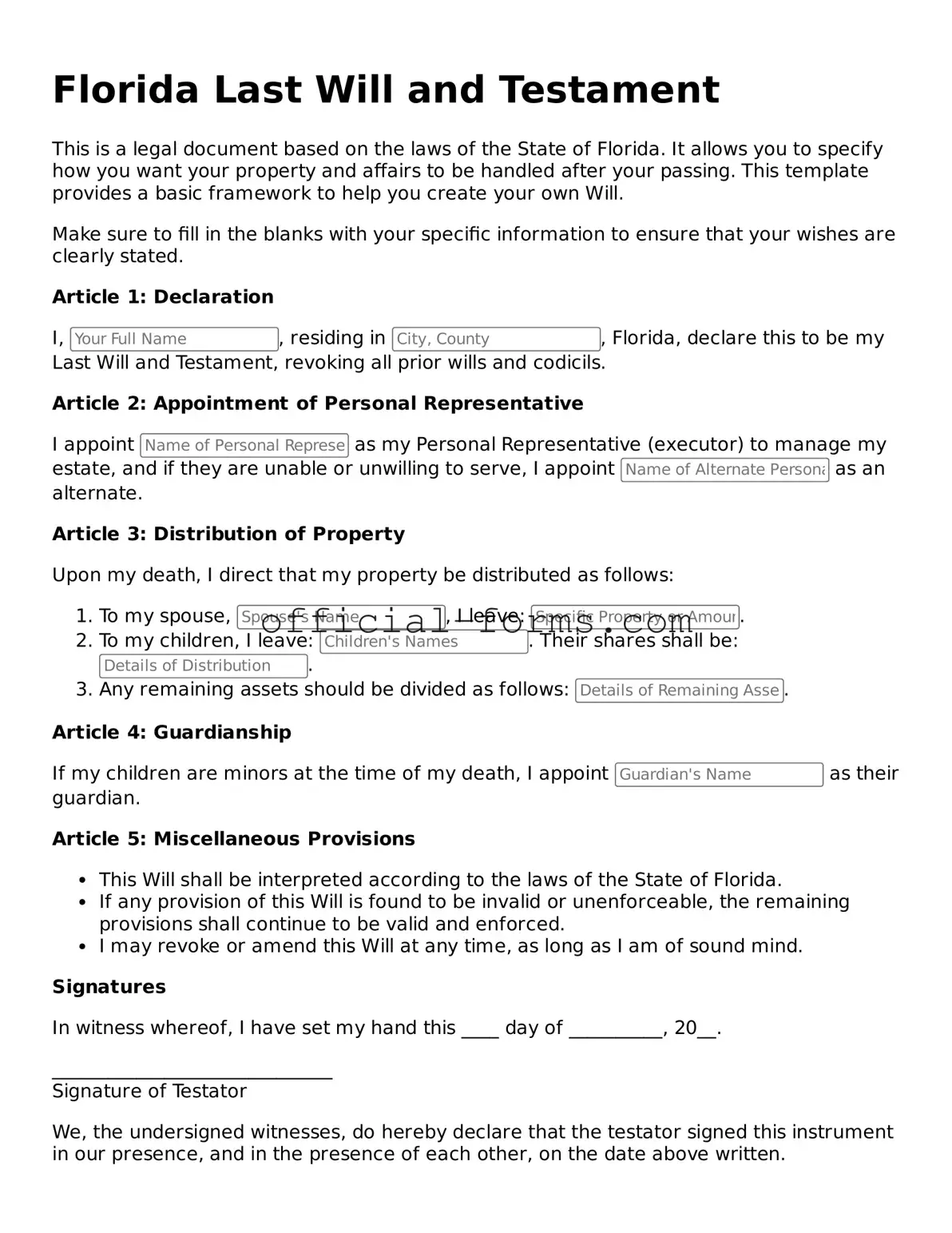 Official Florida Last Will and Testament Document