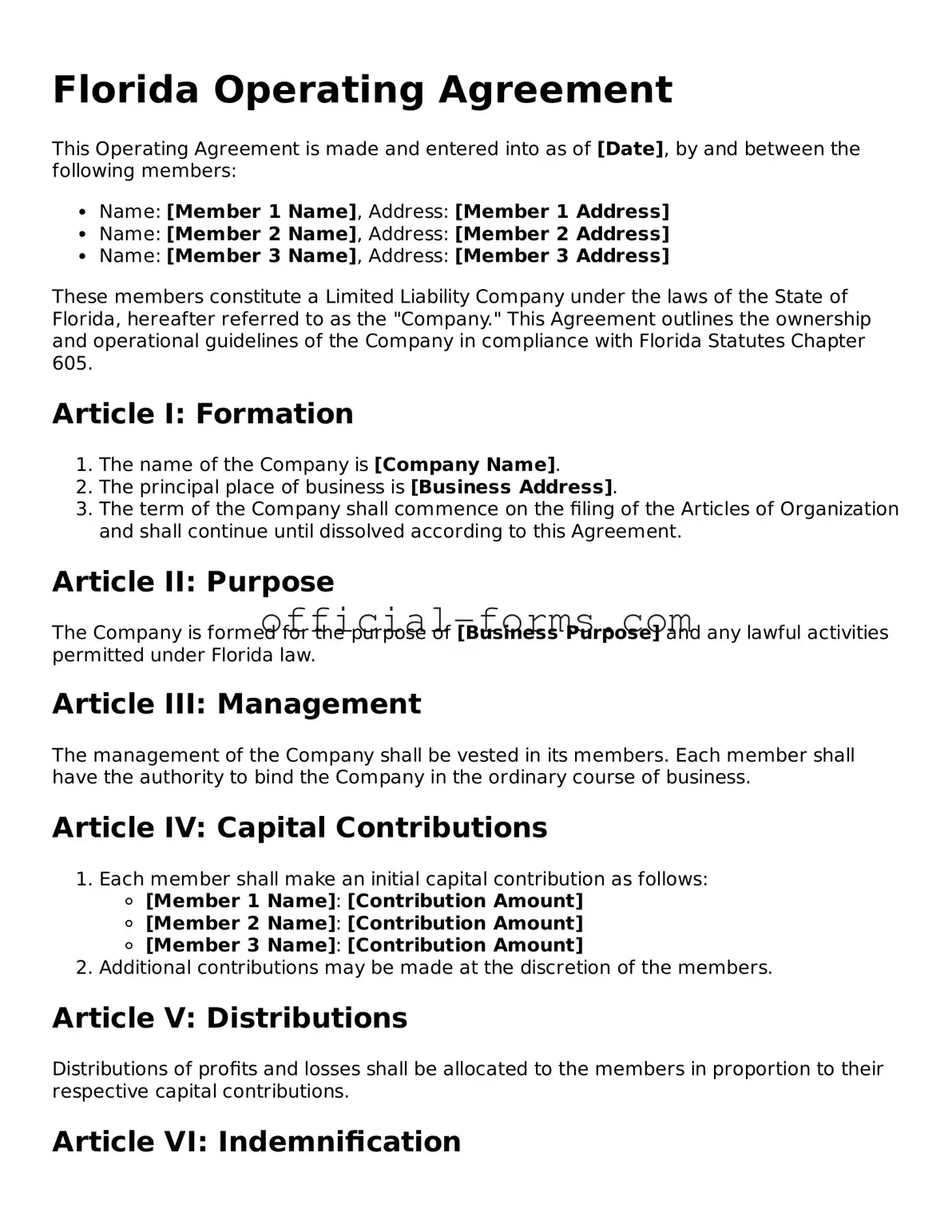 Official Florida Operating Agreement Document