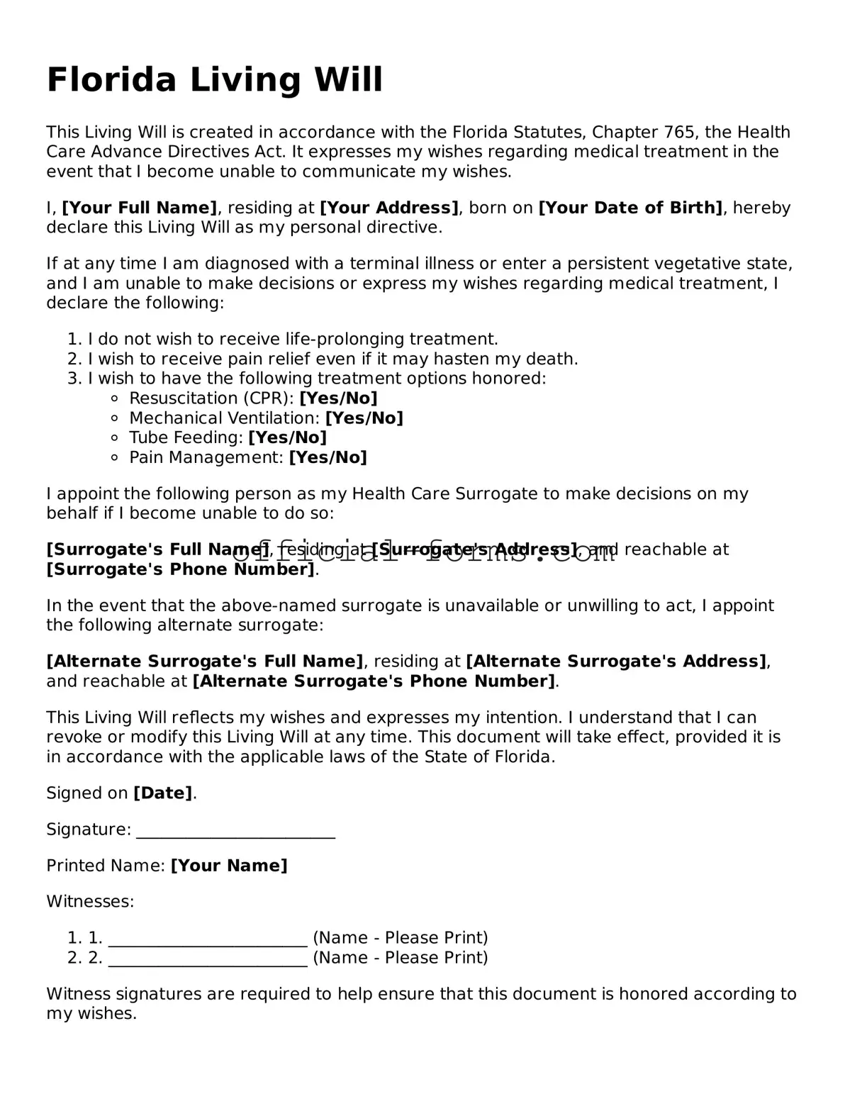 Official Florida Living Will Document