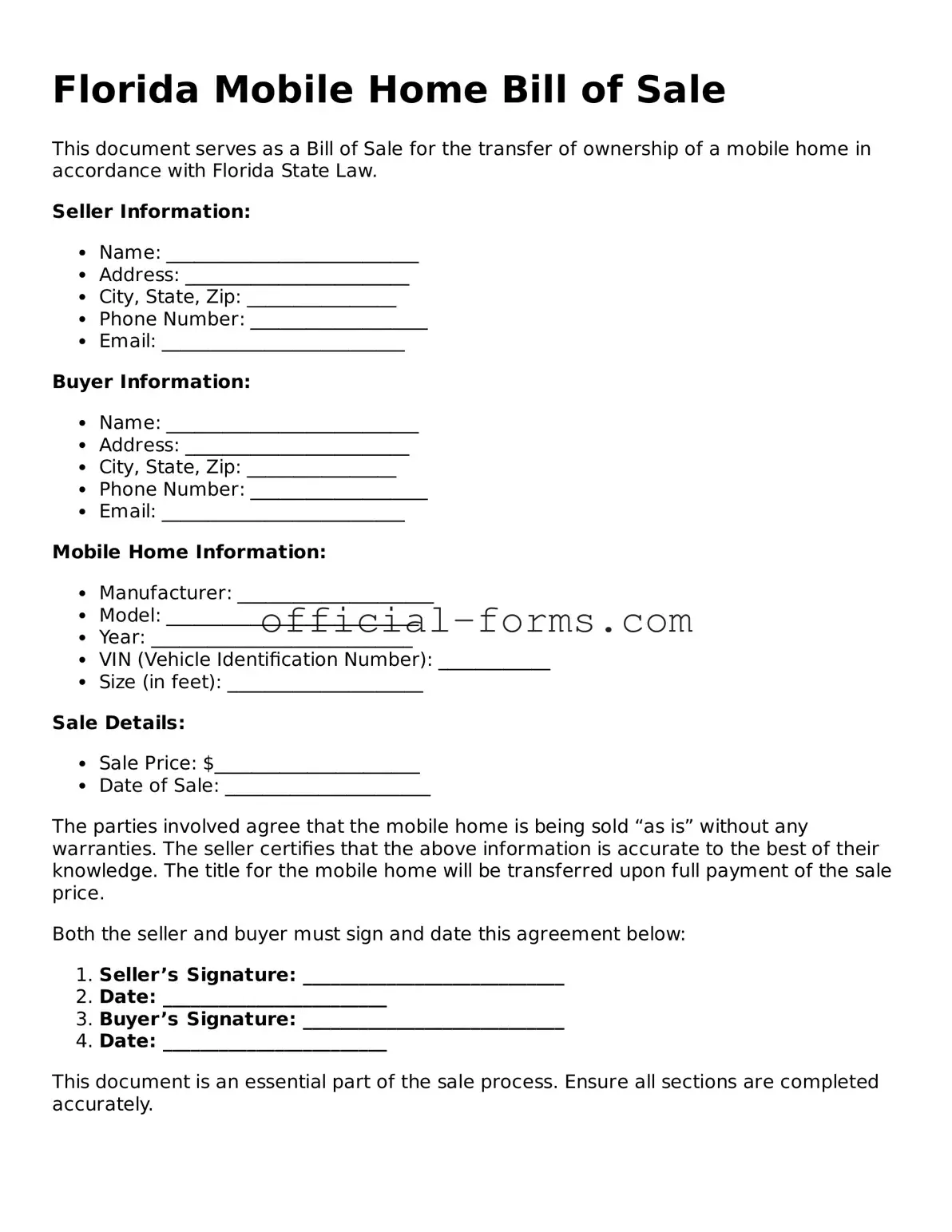 Official Florida Mobile Home Bill of Sale Document