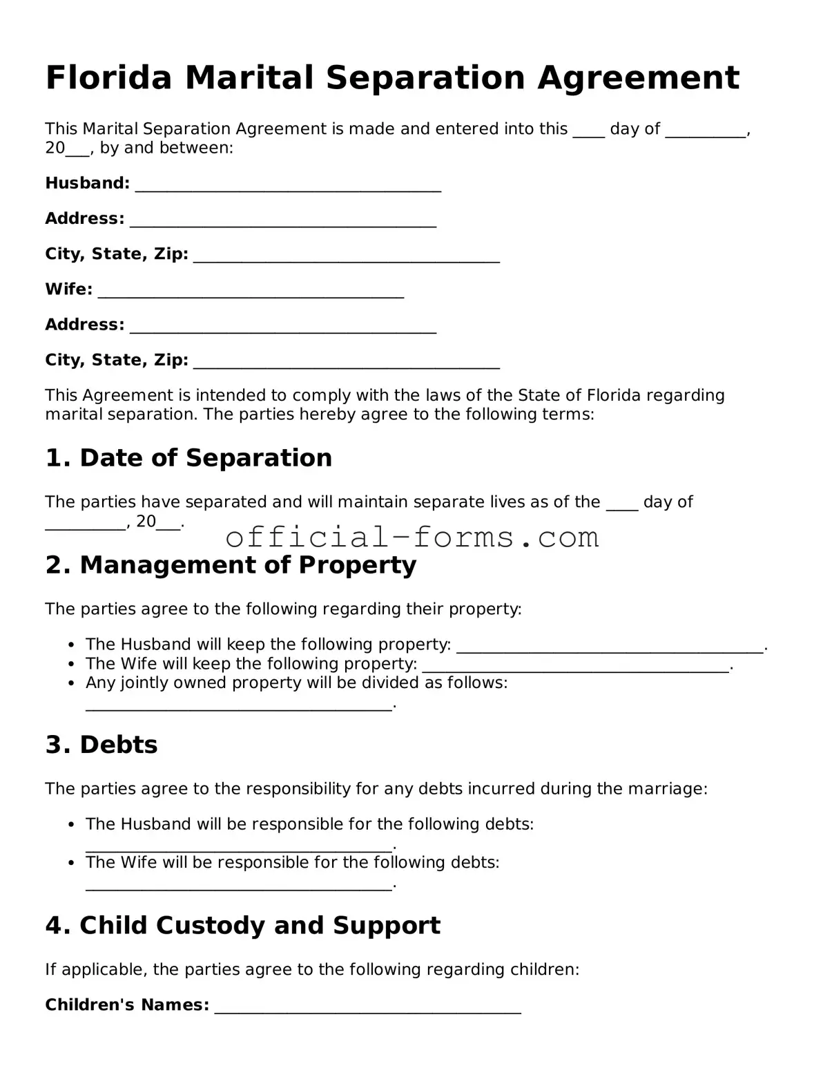 Official Florida Marital Separation Agreement Document