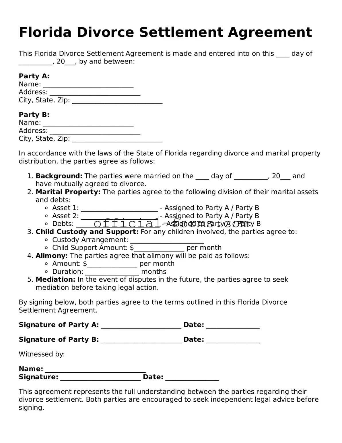 Official Florida Divorce Settlement Agreement Document