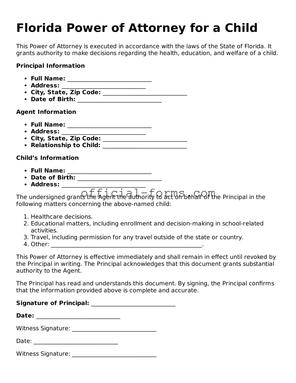 Official Florida Power of Attorney for a Child Document
