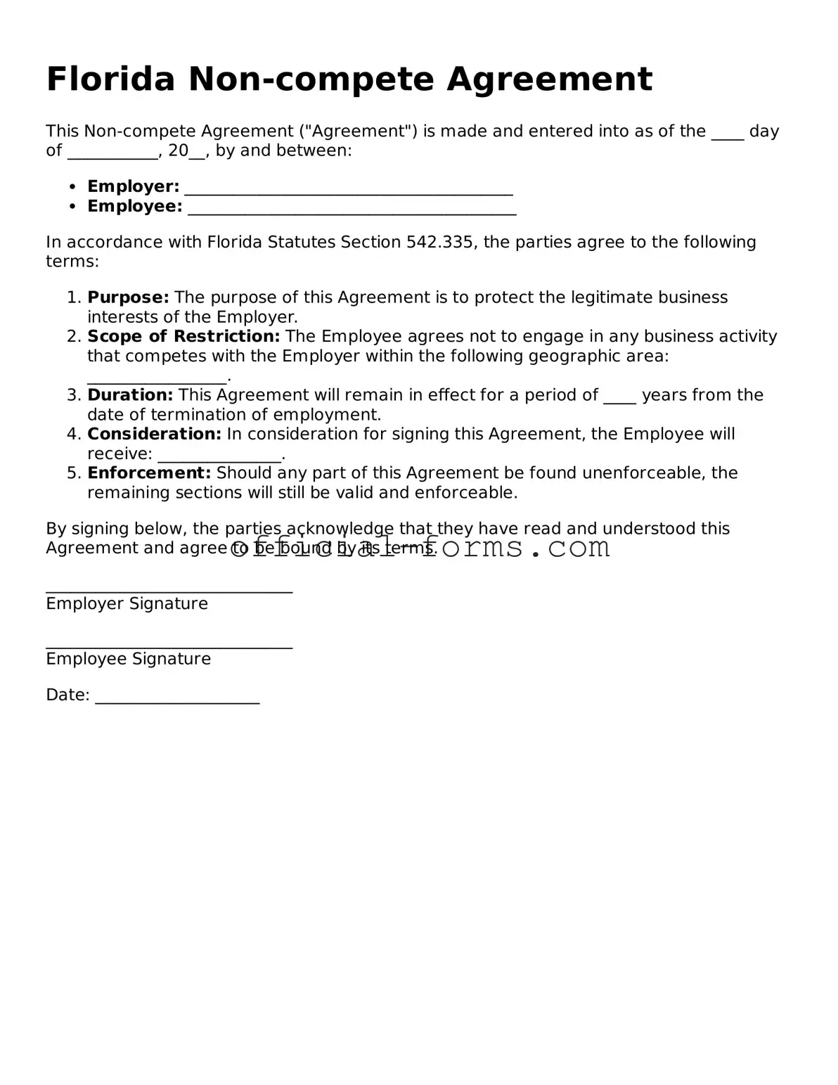 Official Florida Non-compete Agreement Document