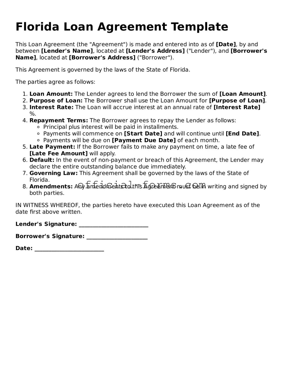 Official Florida Loan Agreement Document