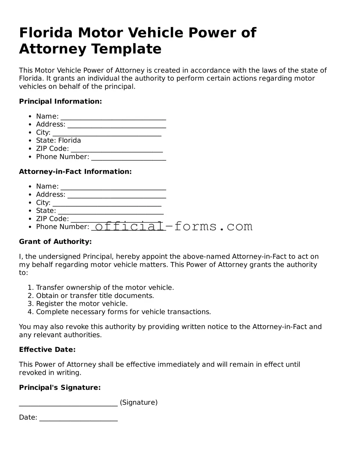 Official Florida Motor Vehicle Power of Attorney Document