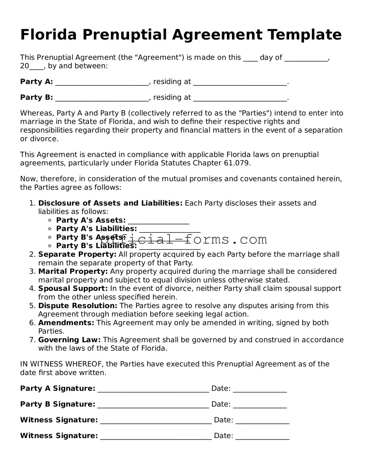 Official Florida Prenuptial Agreement Document