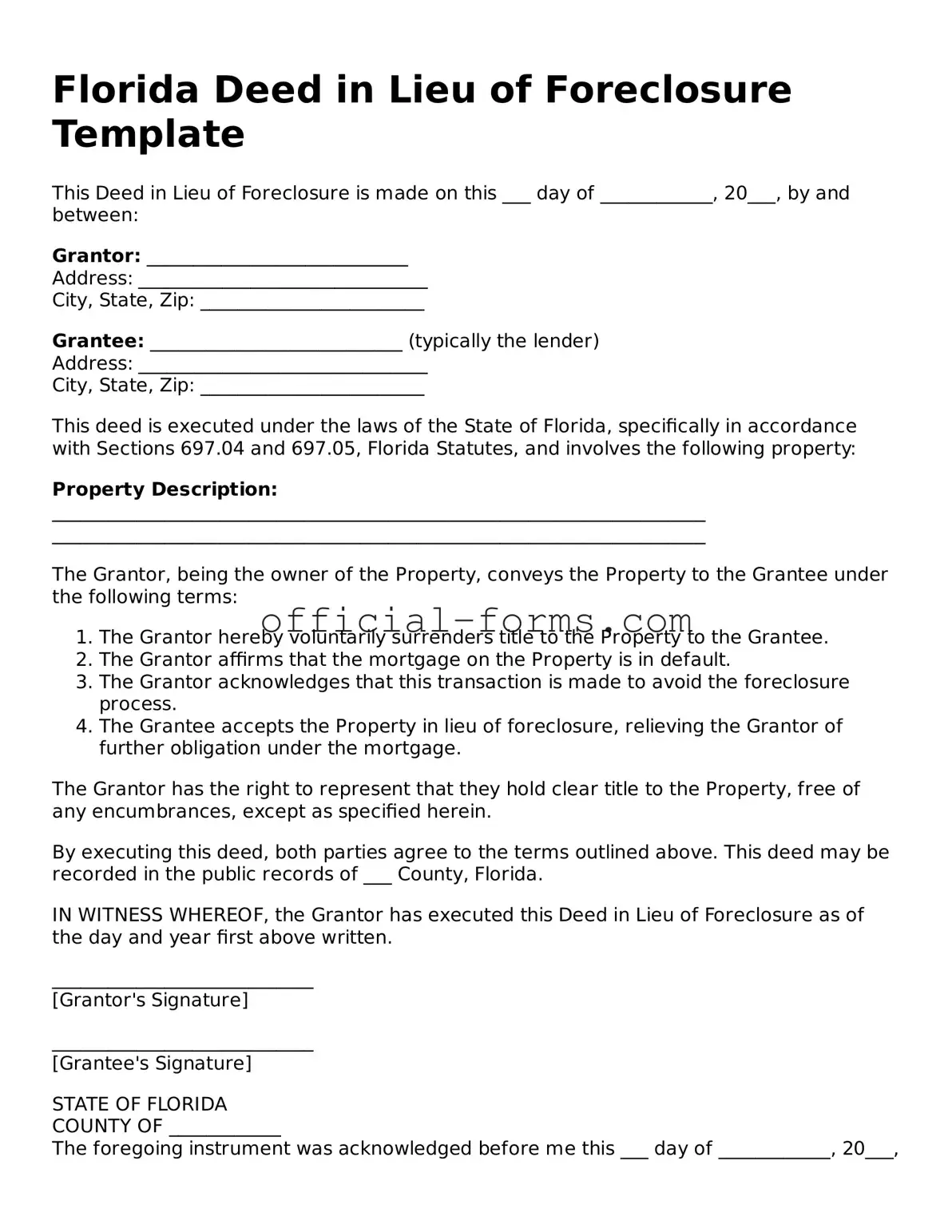 Official Florida Deed in Lieu of Foreclosure Document