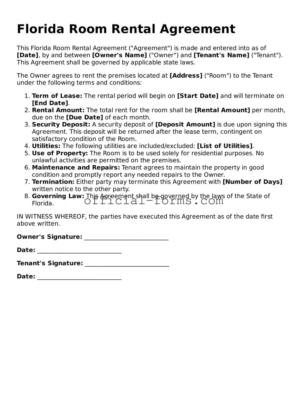Official Florida Room Rental Agreement Document