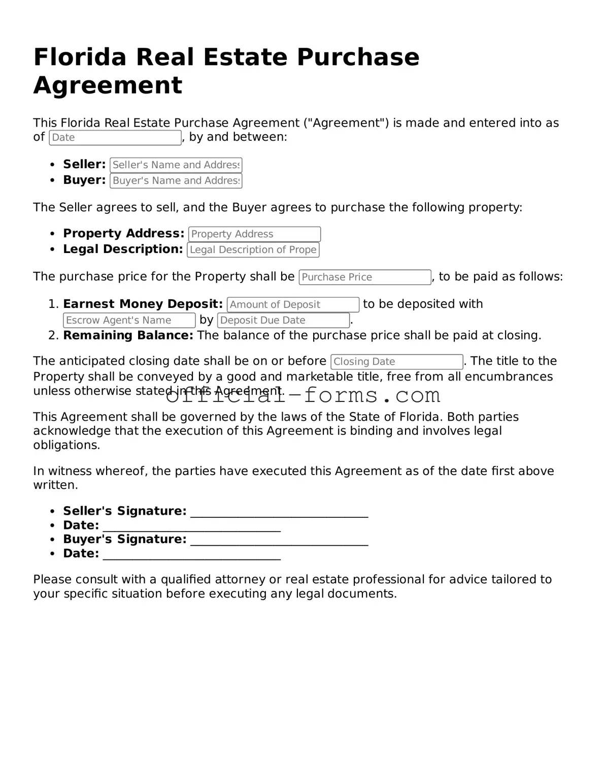 Official Florida Real Estate Purchase Agreement Document