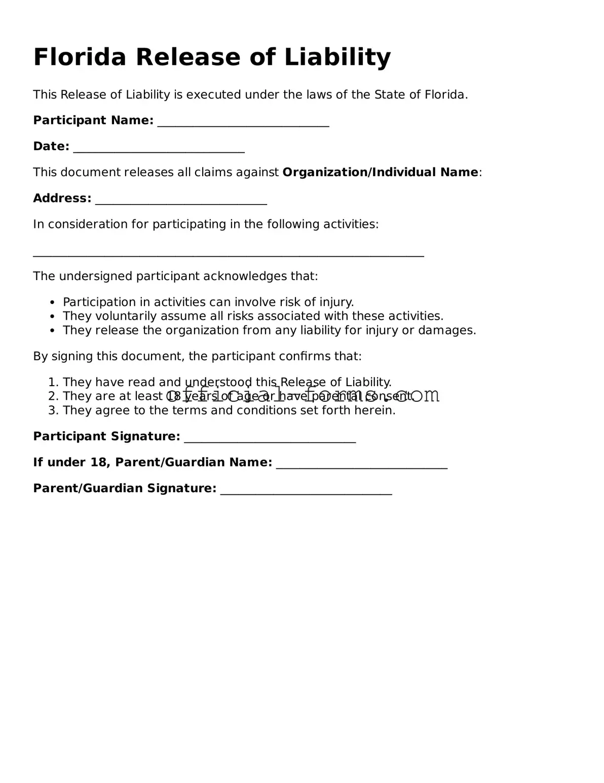 Official Florida Release of Liability Document