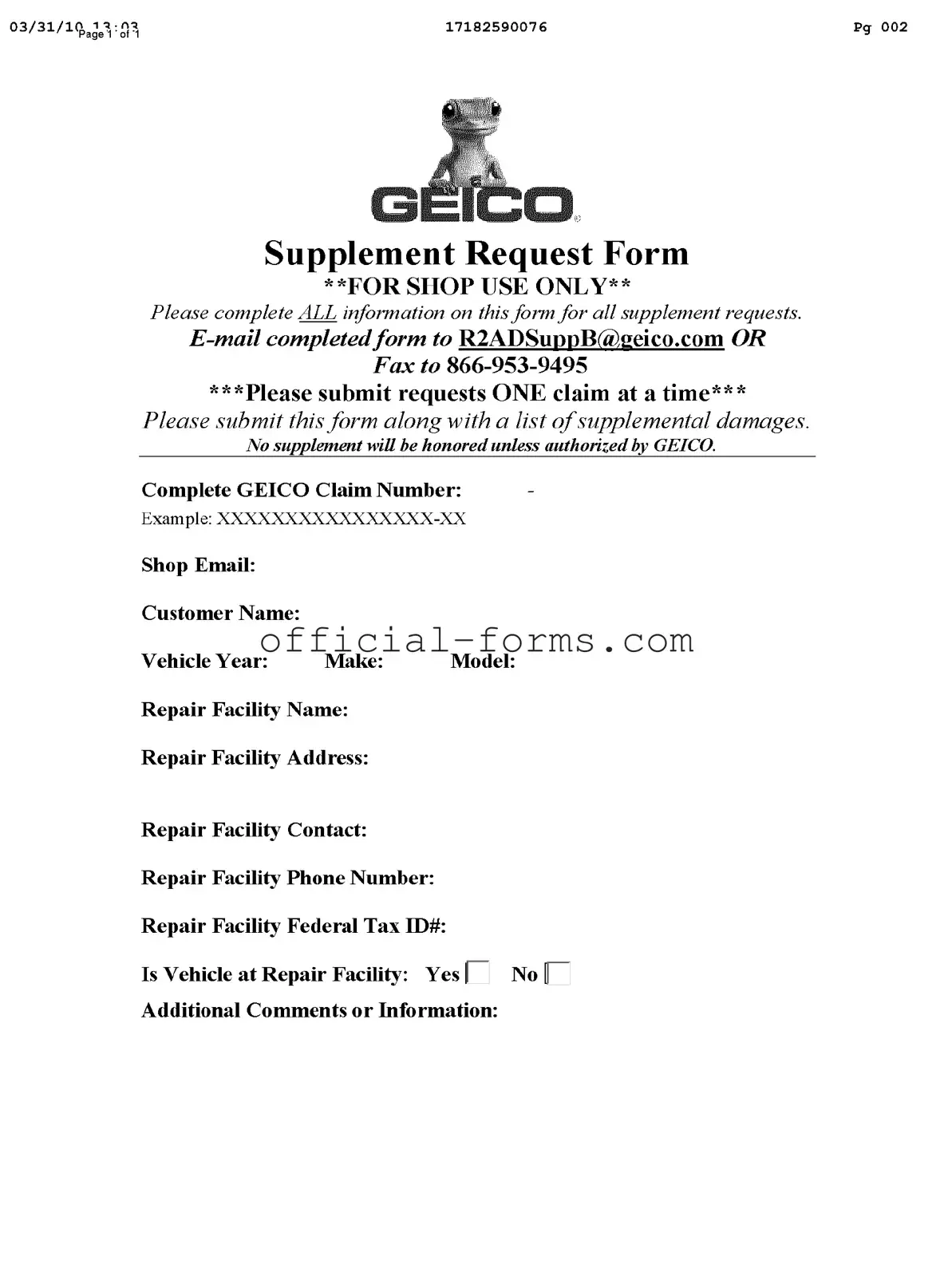 Blank Geico Supplement Request Form