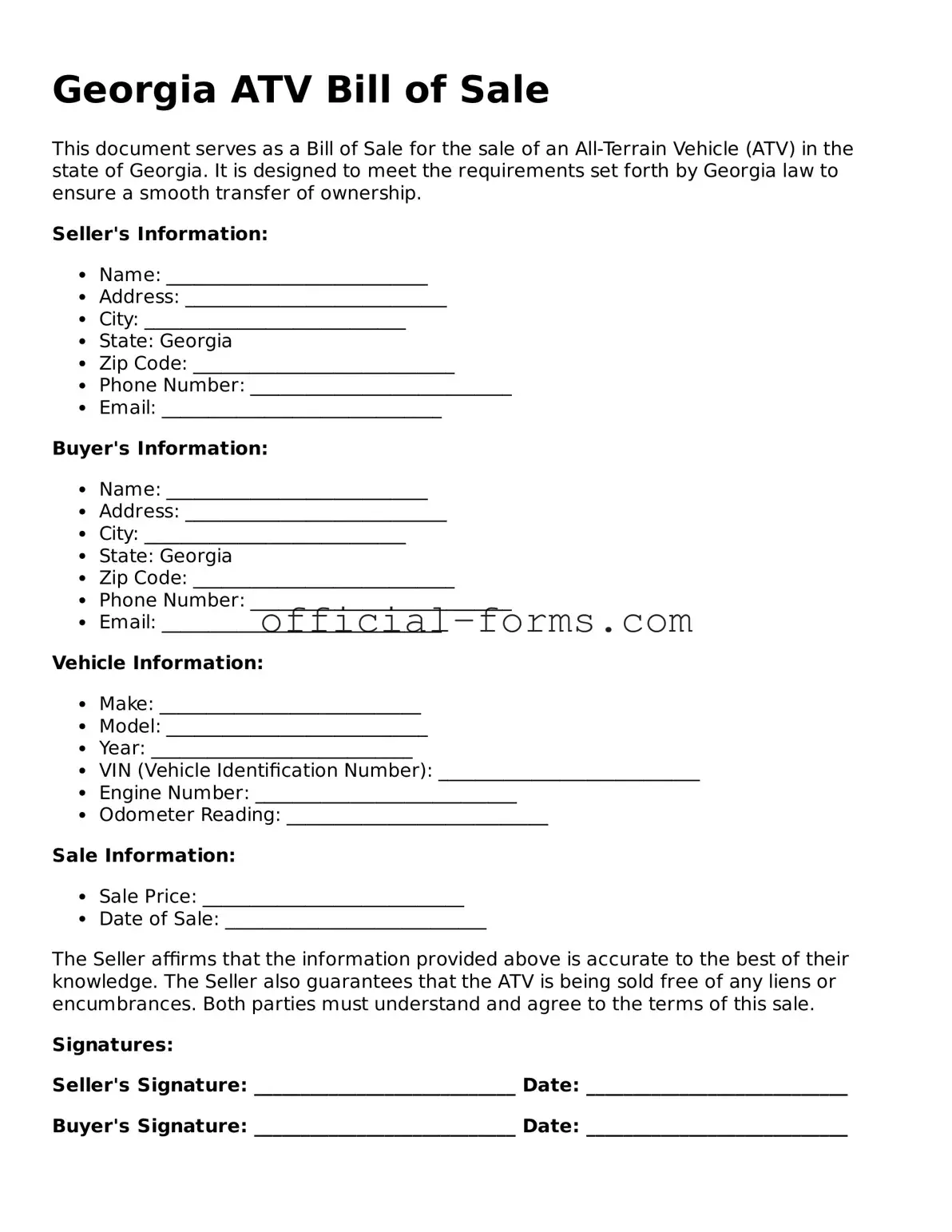 Official Georgia ATV Bill of Sale Document