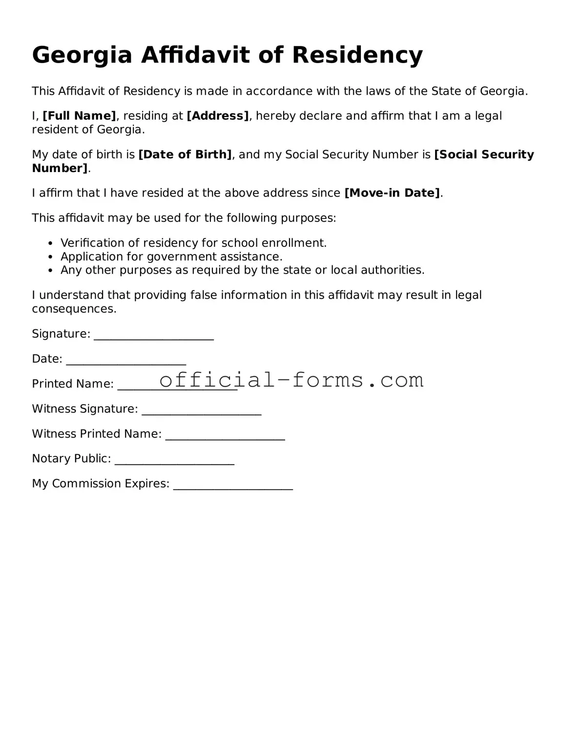 Official Georgia Affidavit of Residency Document