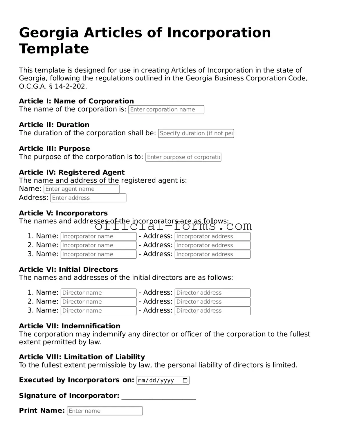 Official Georgia Articles of Incorporation Document
