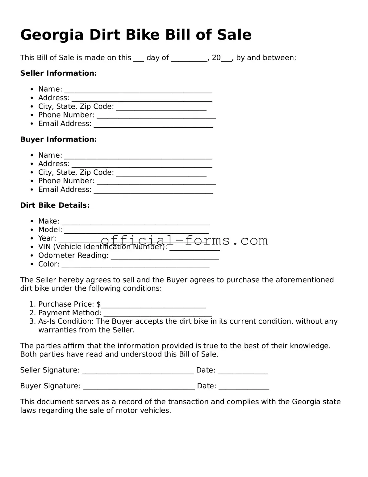 Official Georgia Dirt Bike Bill of Sale Document