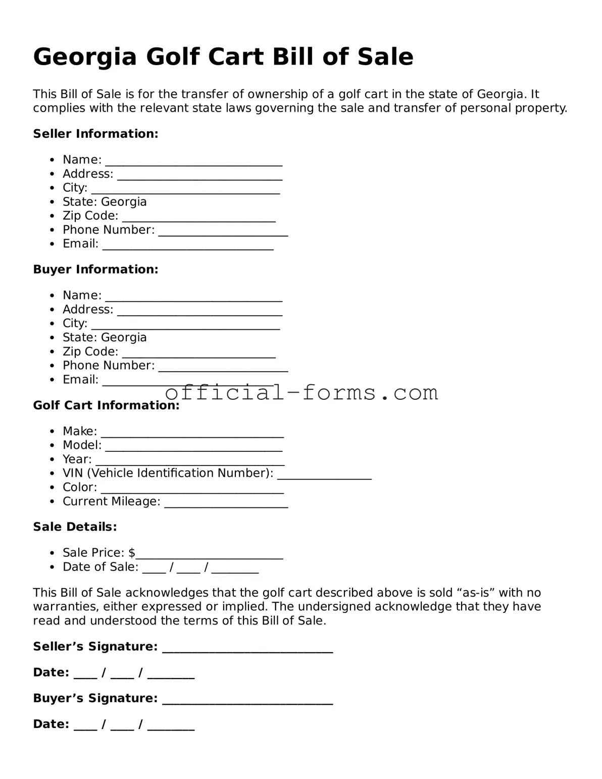 Official Georgia Golf Cart Bill of Sale Document