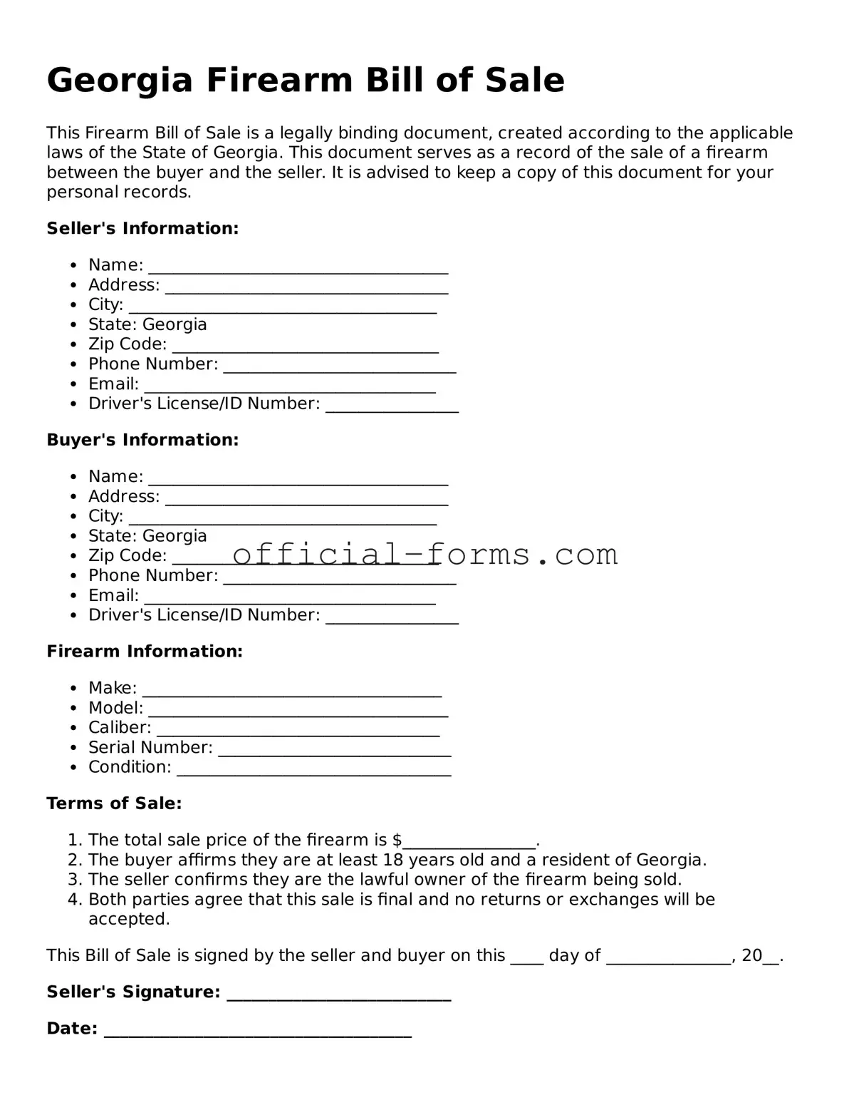 Official Georgia Firearm Bill of Sale Document