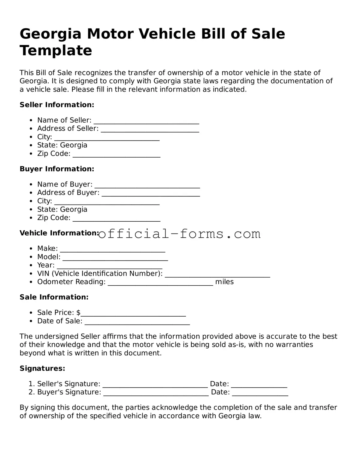 Official Georgia Motor Vehicle Bill of Sale Document