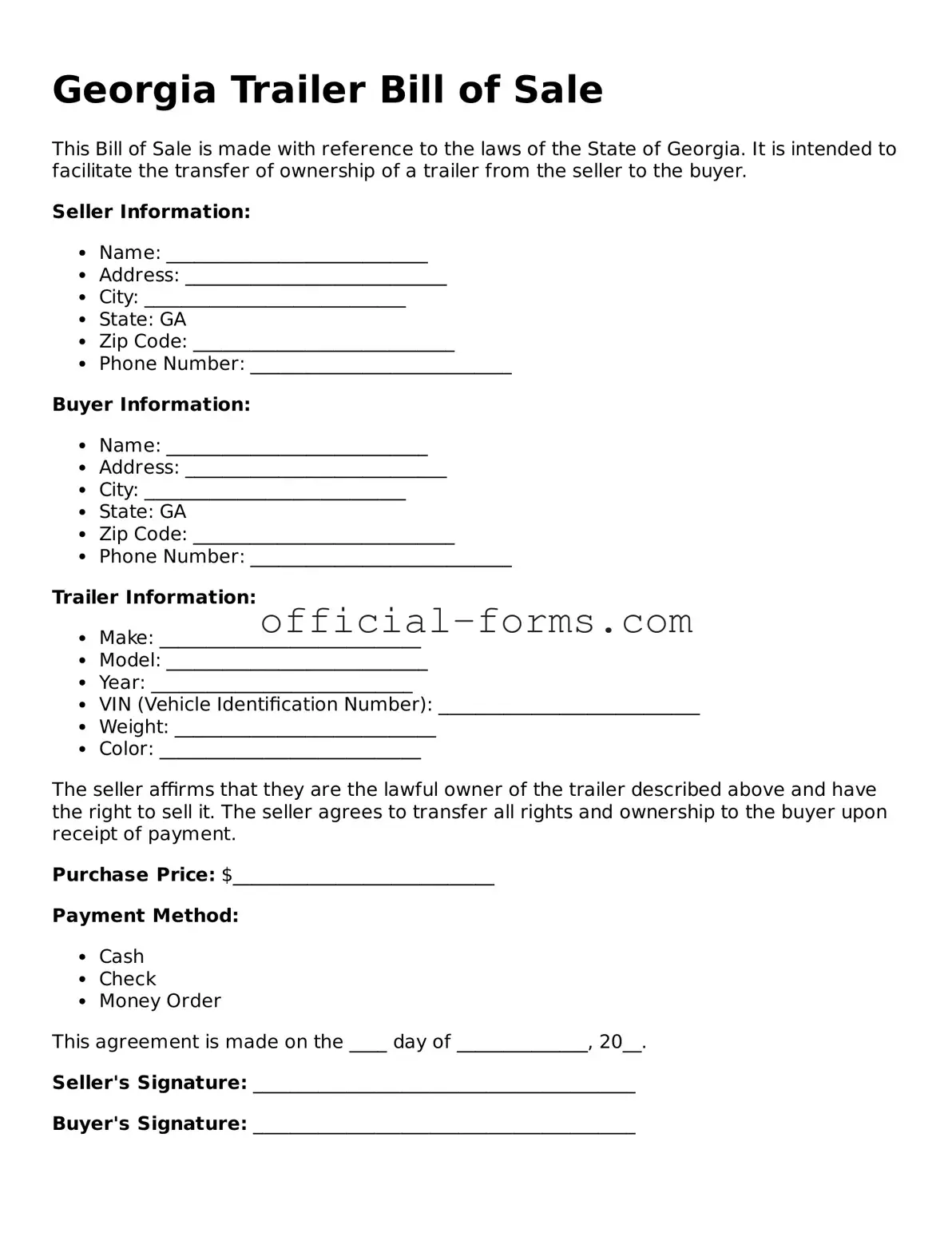 Official Georgia Trailer Bill of Sale Document