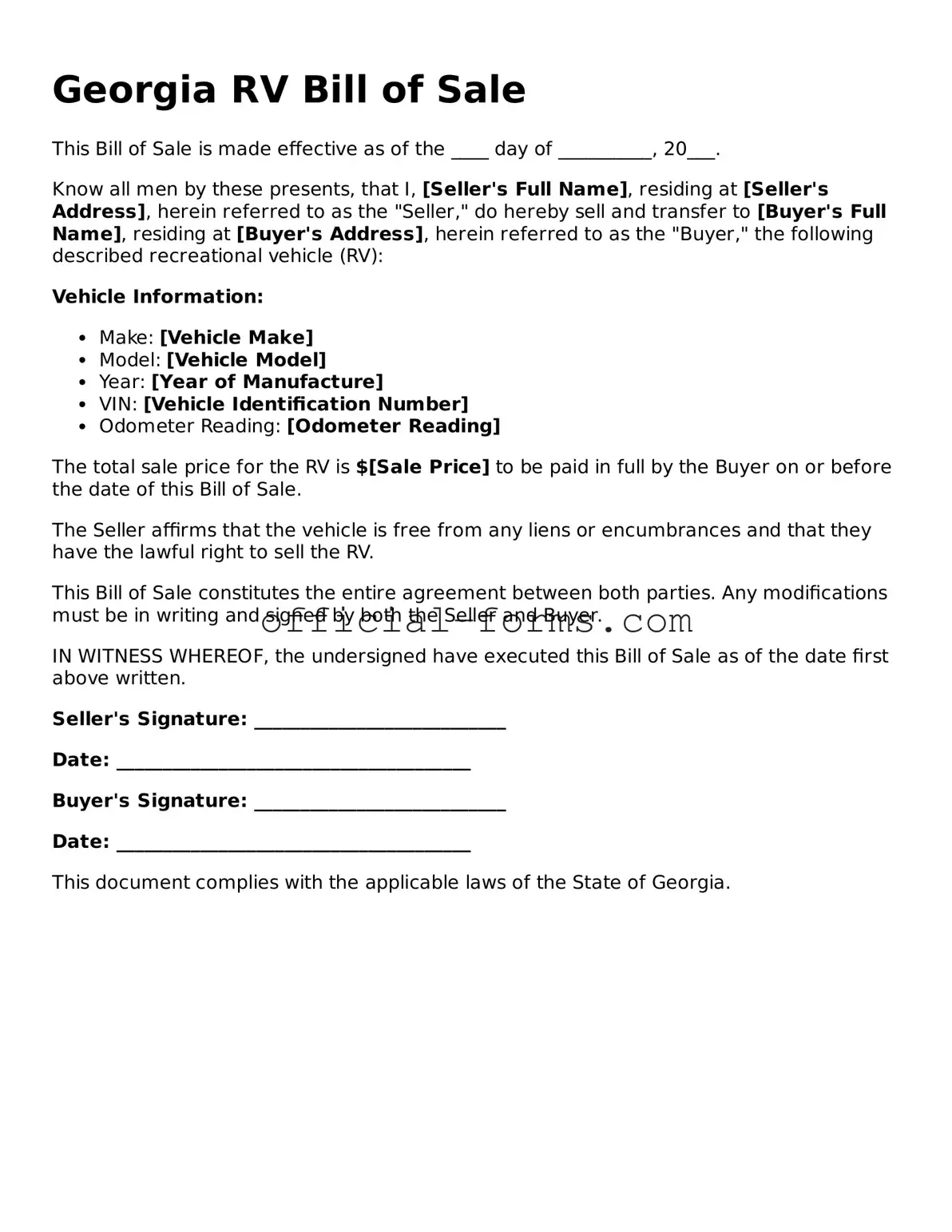 Official Georgia RV Bill of Sale Document