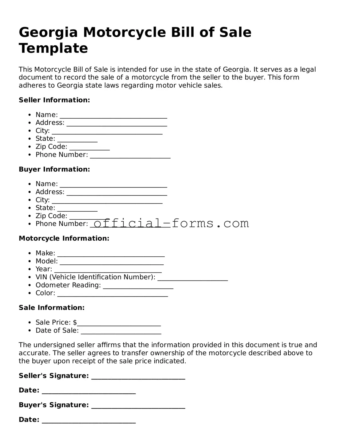 Official Georgia Motorcycle Bill of Sale Document