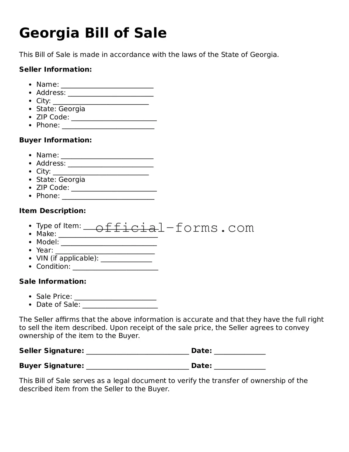 Official Georgia Bill of Sale Document
