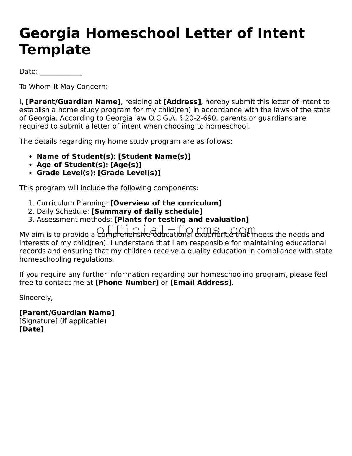 Official Georgia Homeschool Letter of Intent Document