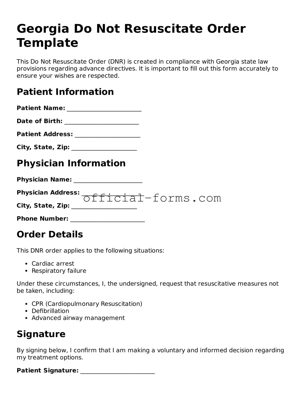 Official Georgia Do Not Resuscitate Order Document