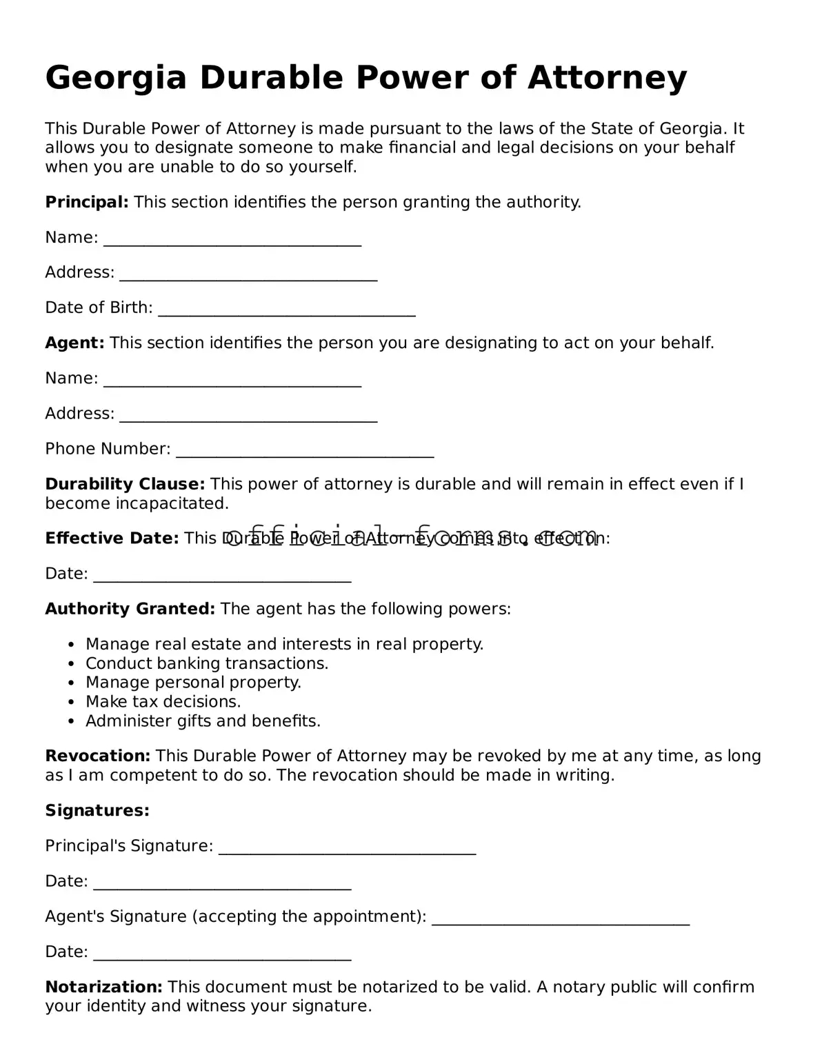 Official Georgia Durable Power of Attorney Document
