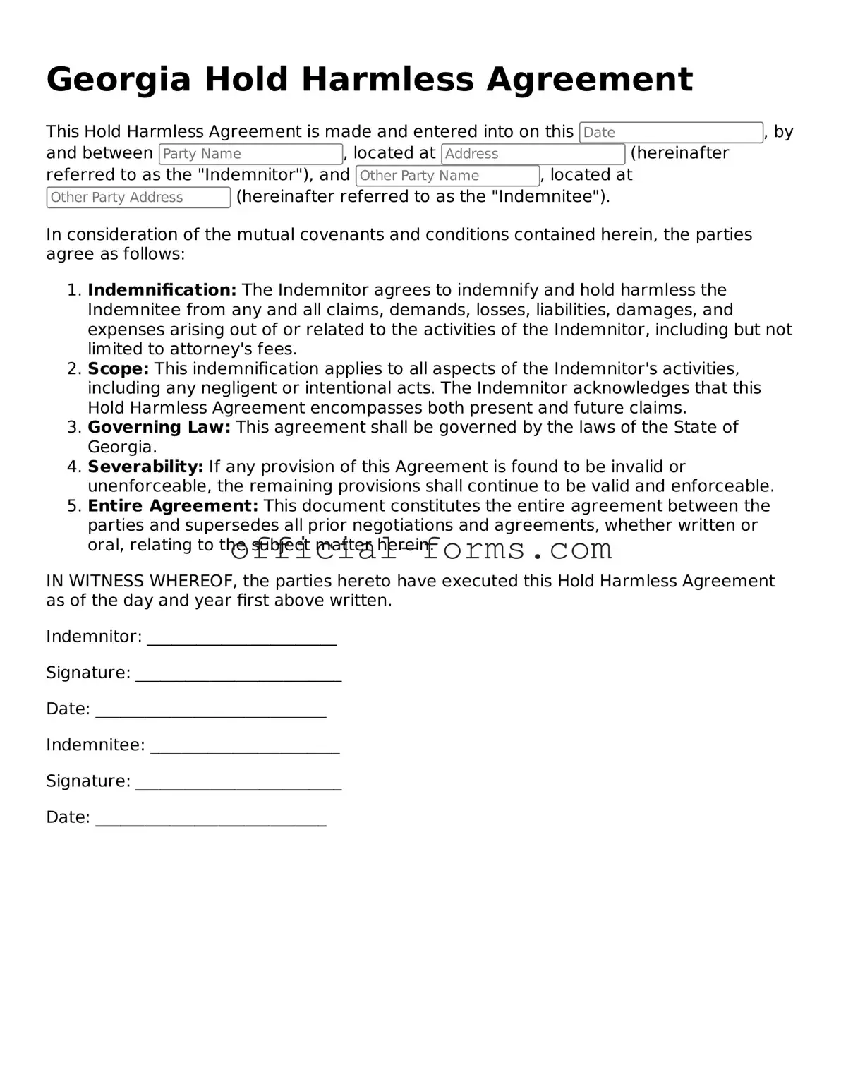 Official Georgia Hold Harmless Agreement Document
