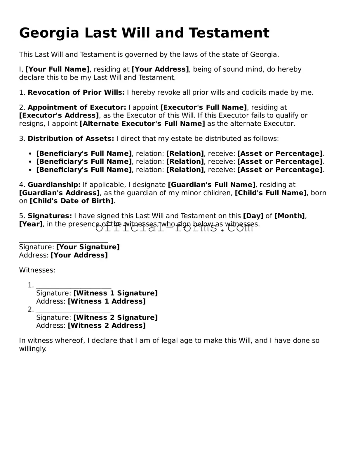 Official Georgia Last Will and Testament Document