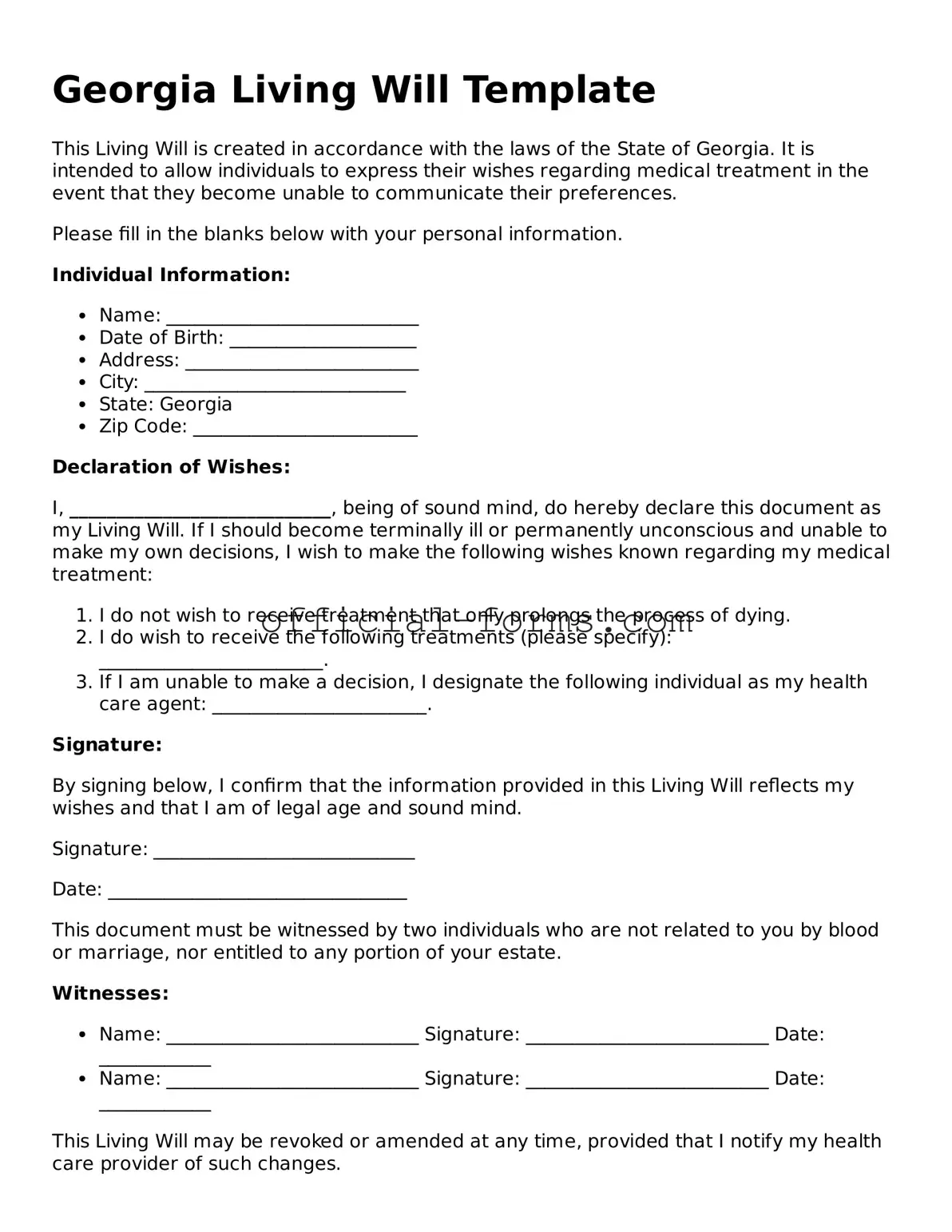 Official Georgia Living Will Document