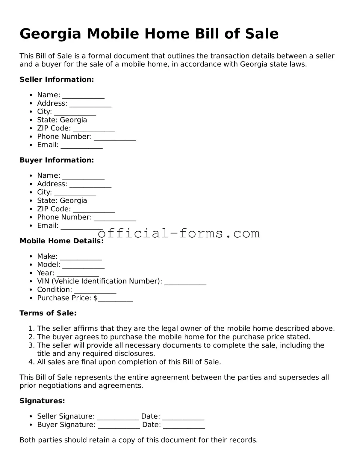 Official Georgia Mobile Home Bill of Sale Document