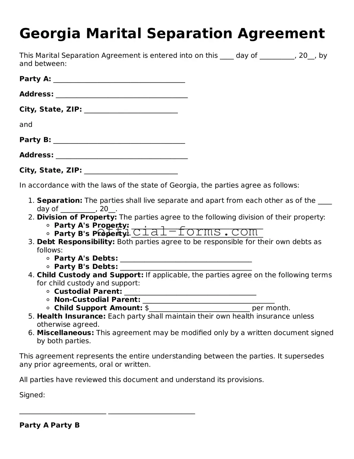 Official Georgia Marital Separation Agreement Document