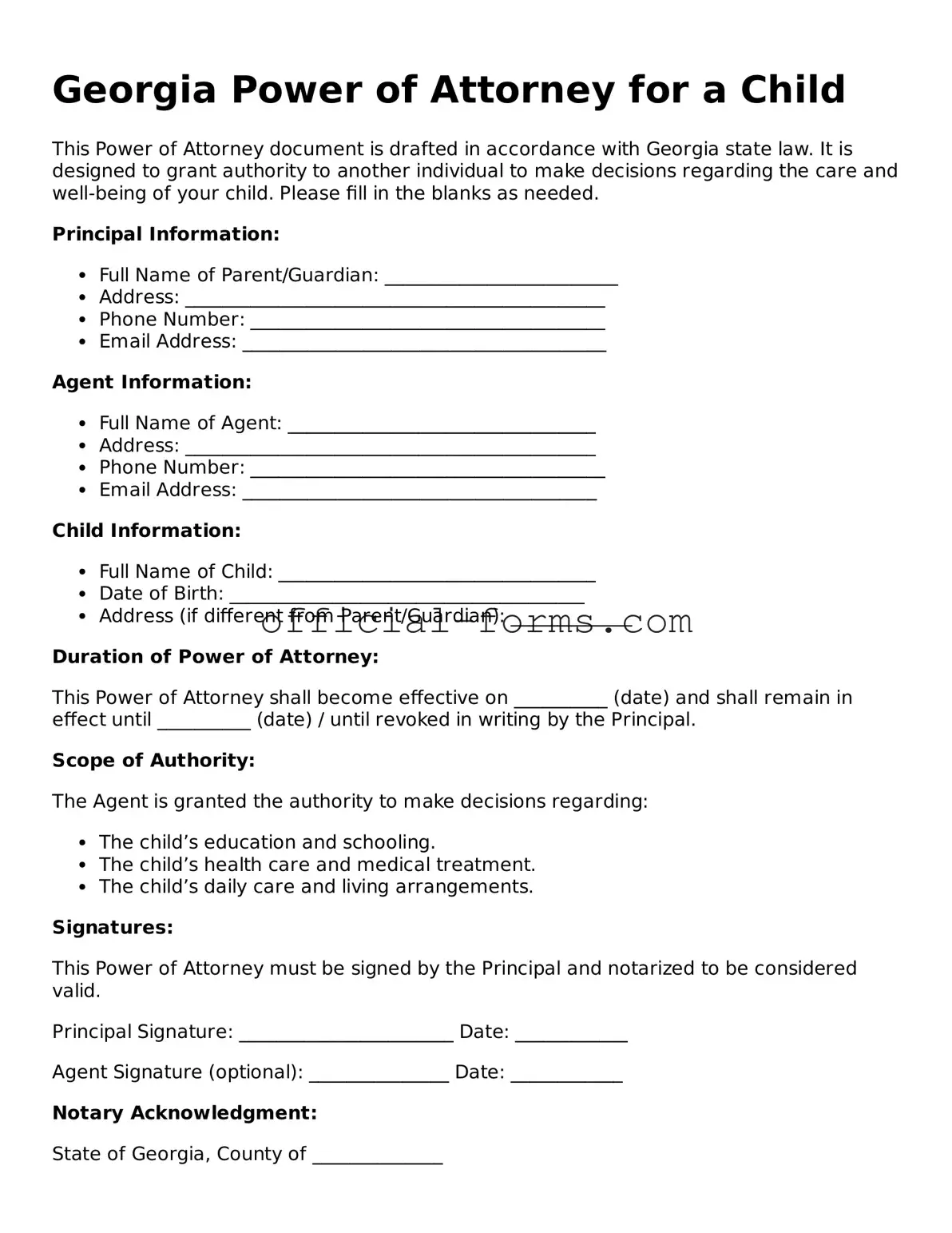 Official Georgia Power of Attorney for a Child Document