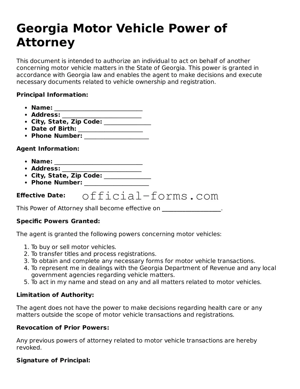Official Georgia Motor Vehicle Power of Attorney Document