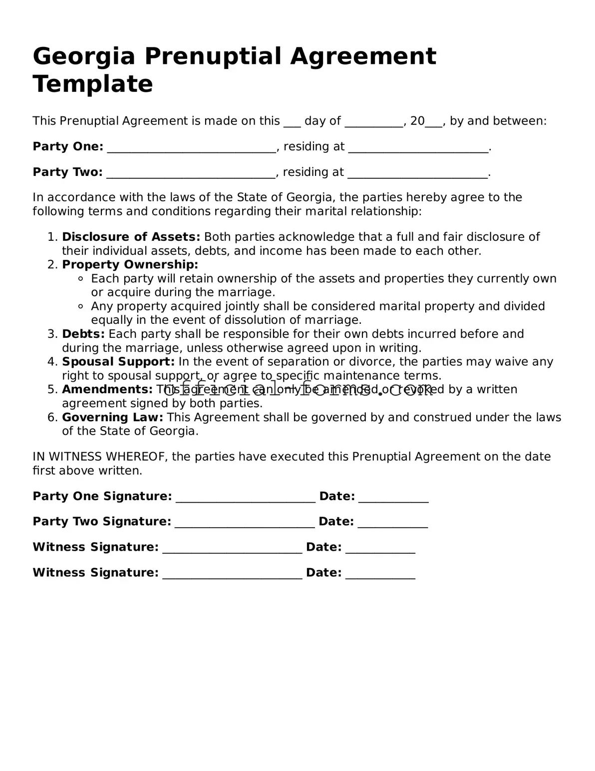 Official Georgia Prenuptial Agreement Document