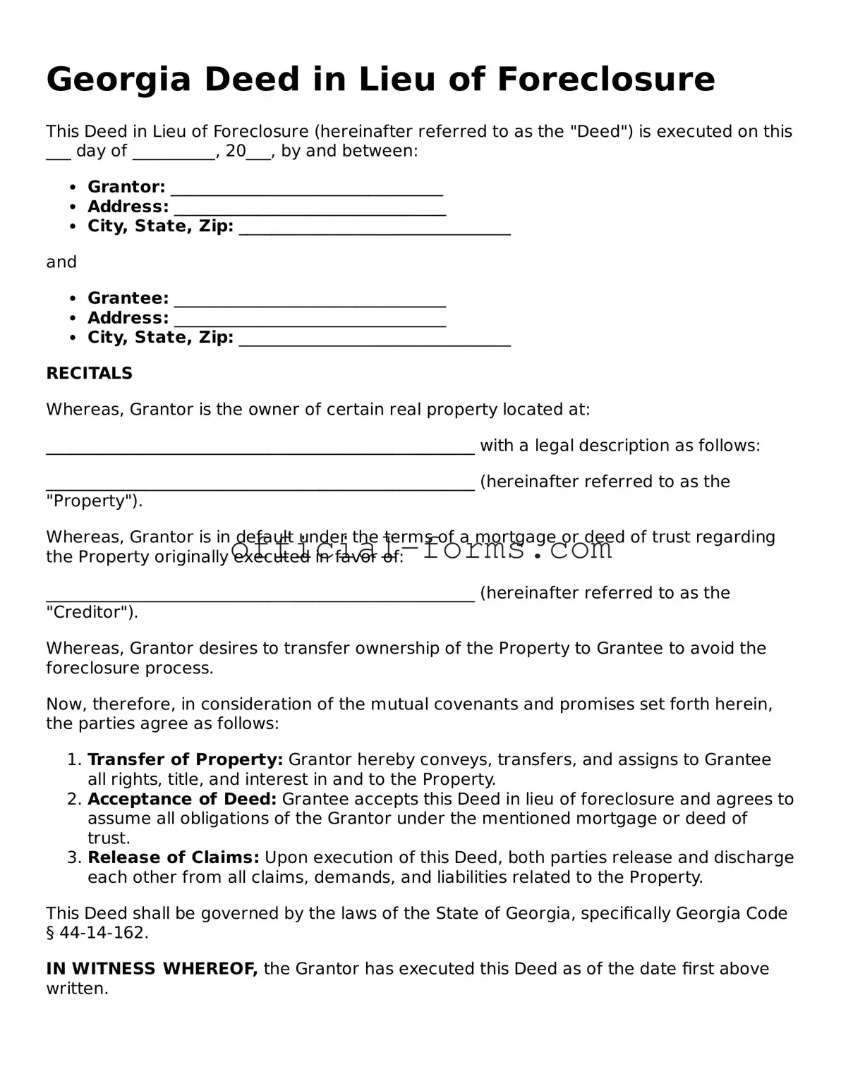 Official Georgia Deed in Lieu of Foreclosure Document