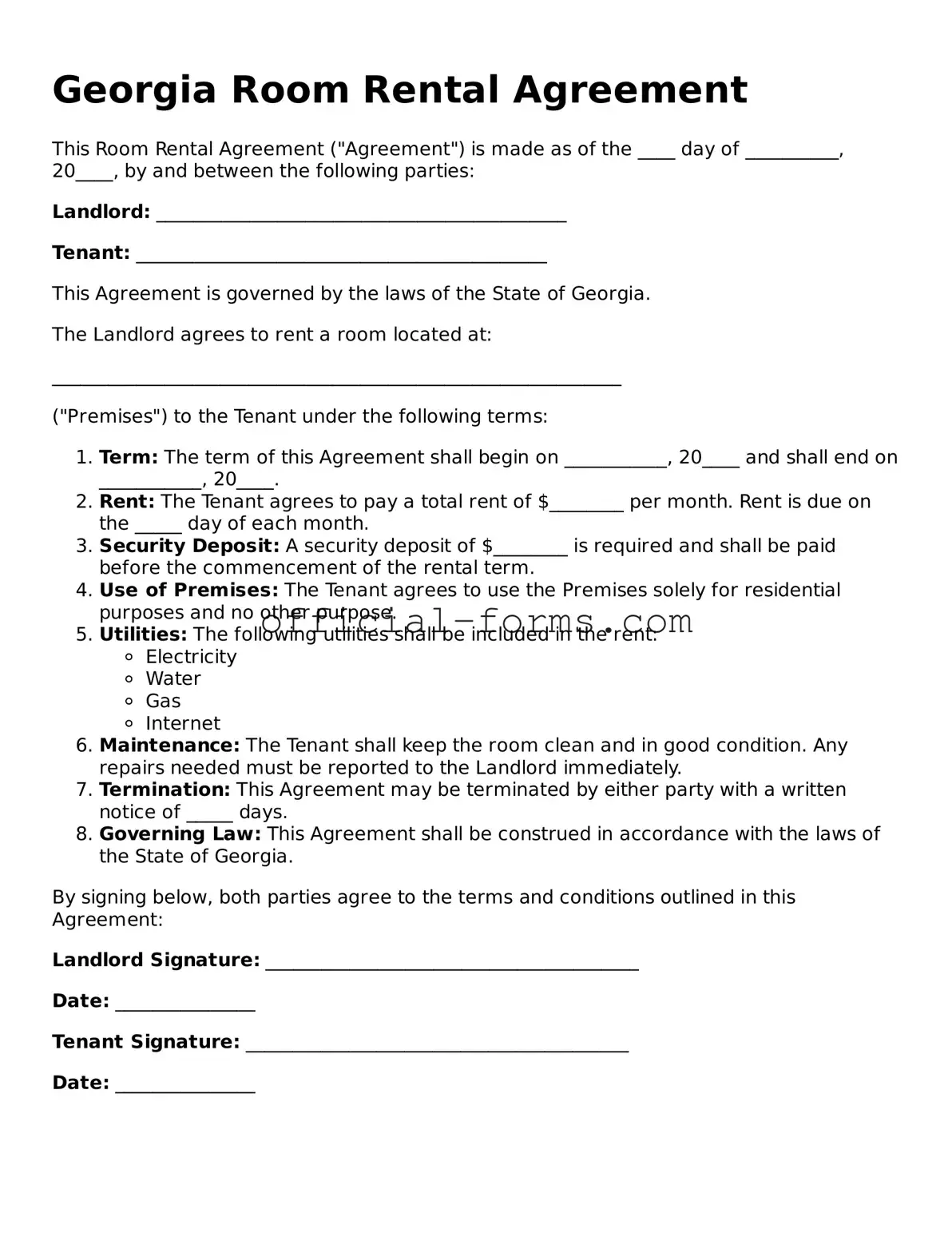 Official Georgia Room Rental Agreement Document