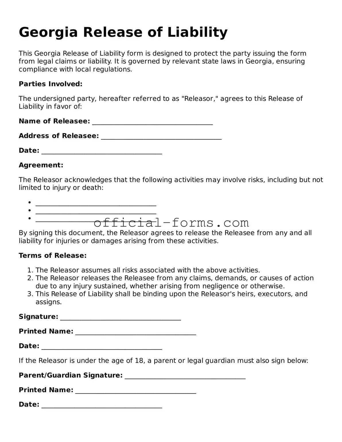 Official Georgia Release of Liability Document