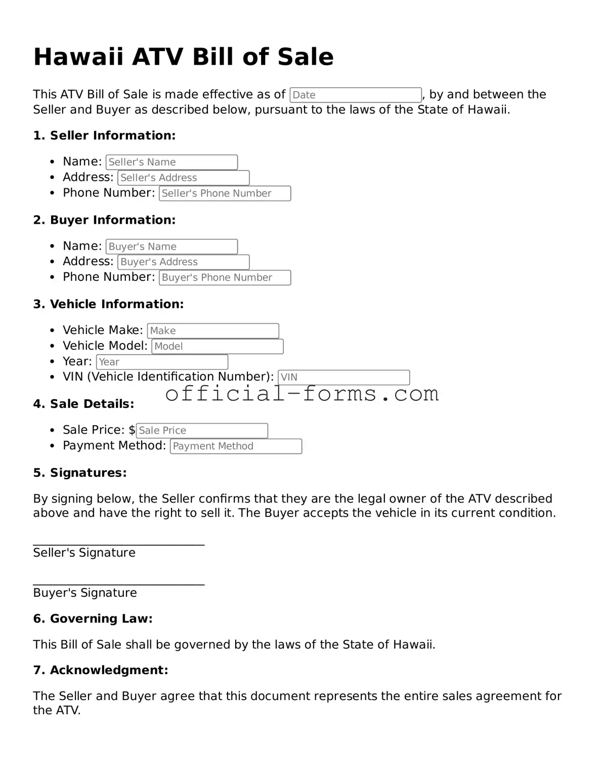 Official Hawaii ATV Bill of Sale Document